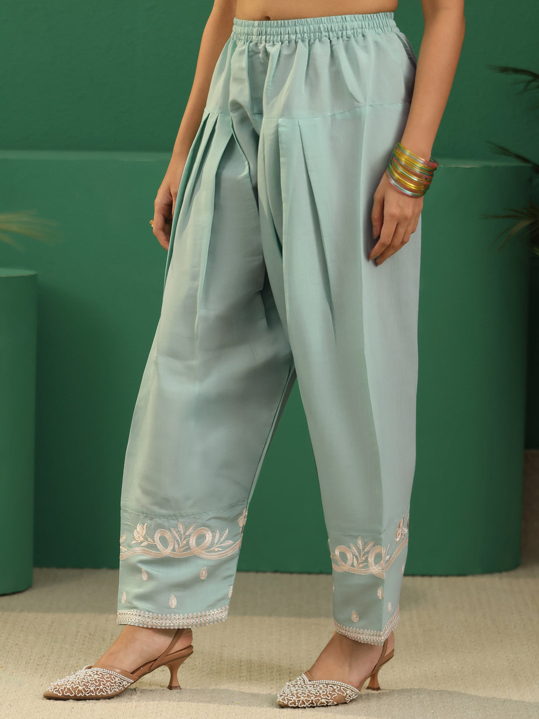 Libas Light Sea Green Floral Embroidered Silk Blend Farshi Suit Set