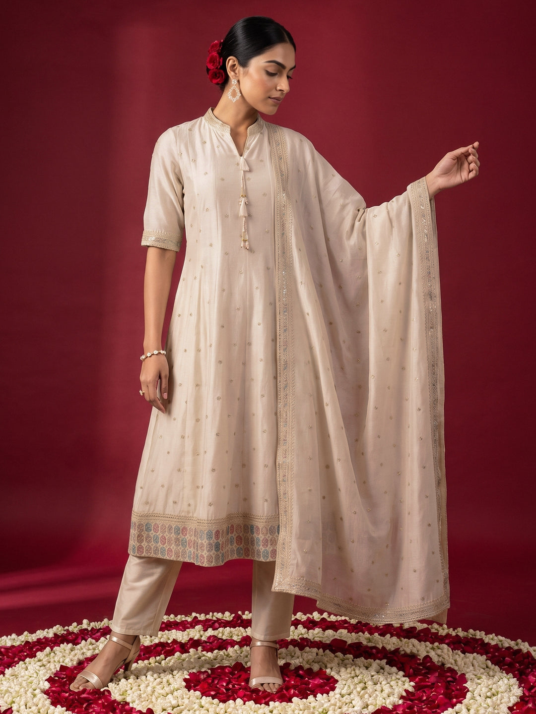 Libas Cream Ethnic Embroidered Silk Blend Anarkali Suit Set
