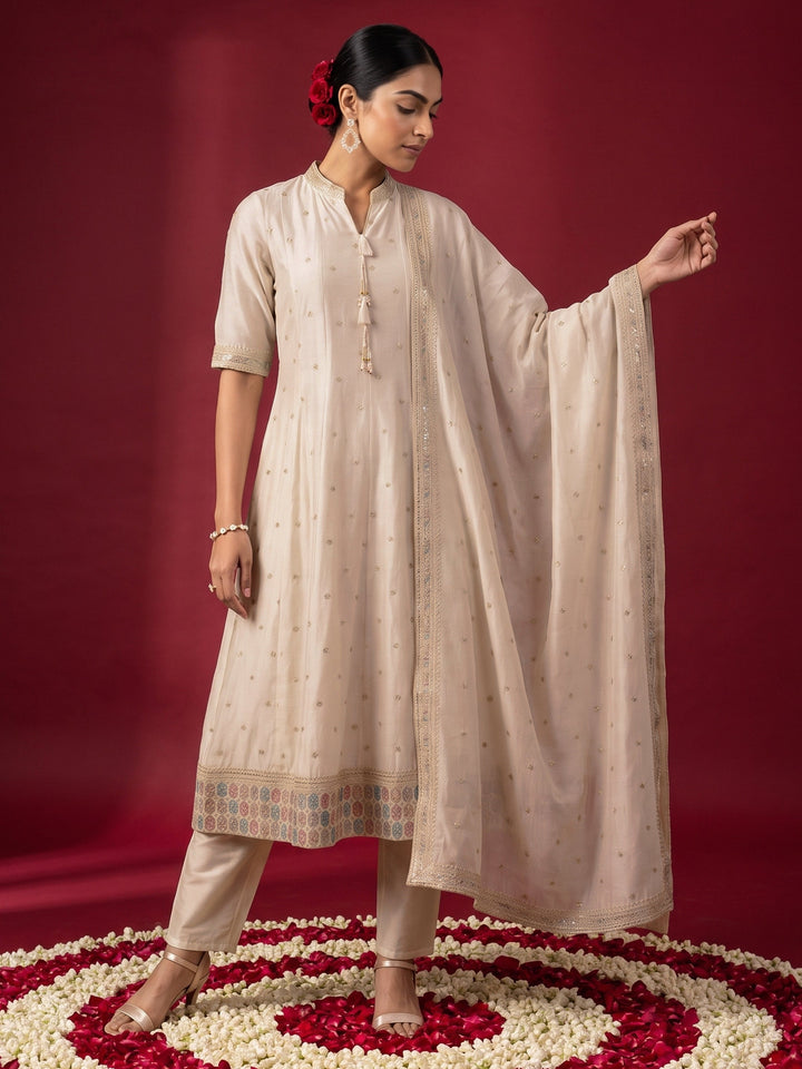 Libas Cream Ethnic Embroidered Silk Blend Anarkali Suit Set