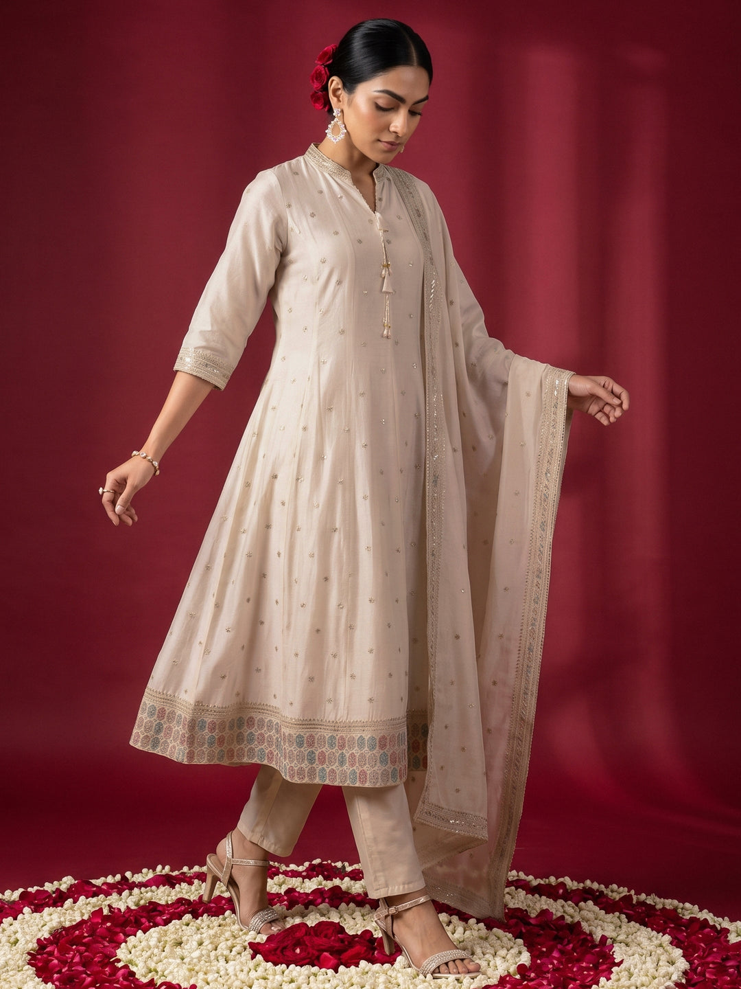 Libas Cream Ethnic Embroidered Silk Blend Anarkali Suit Set