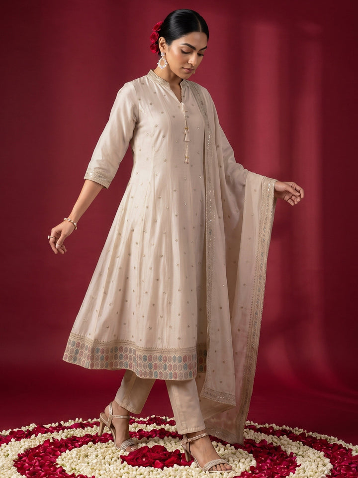 Libas Cream Ethnic Embroidered Silk Blend Anarkali Suit Set