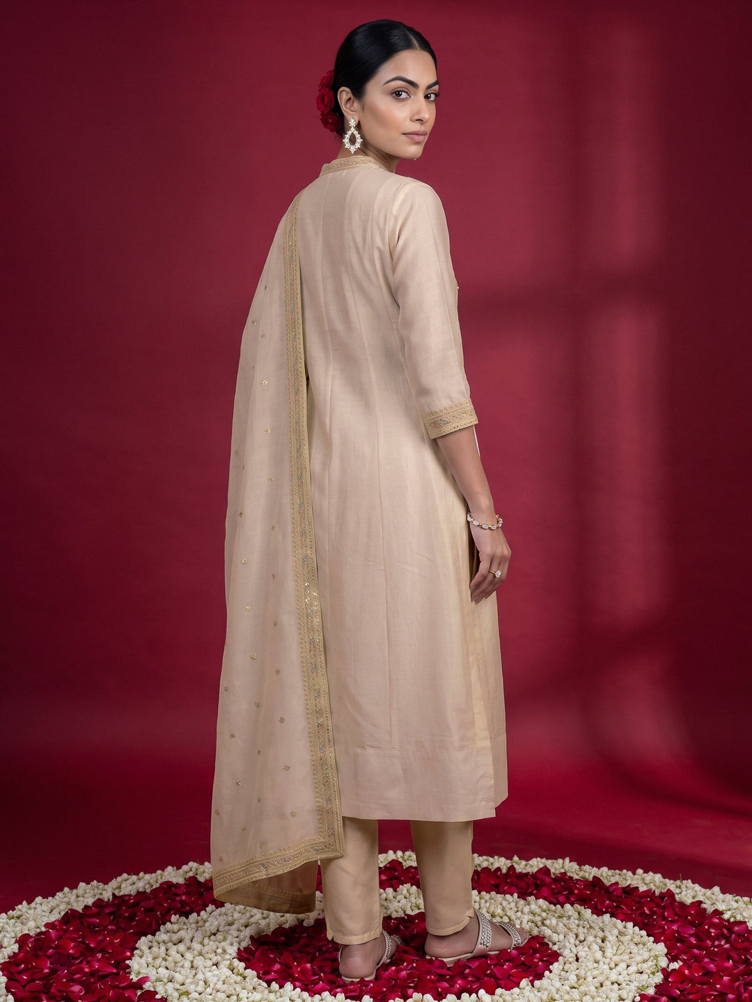Libas Cream Ethnic Embroidered Silk Blend Anarkali Suit Set