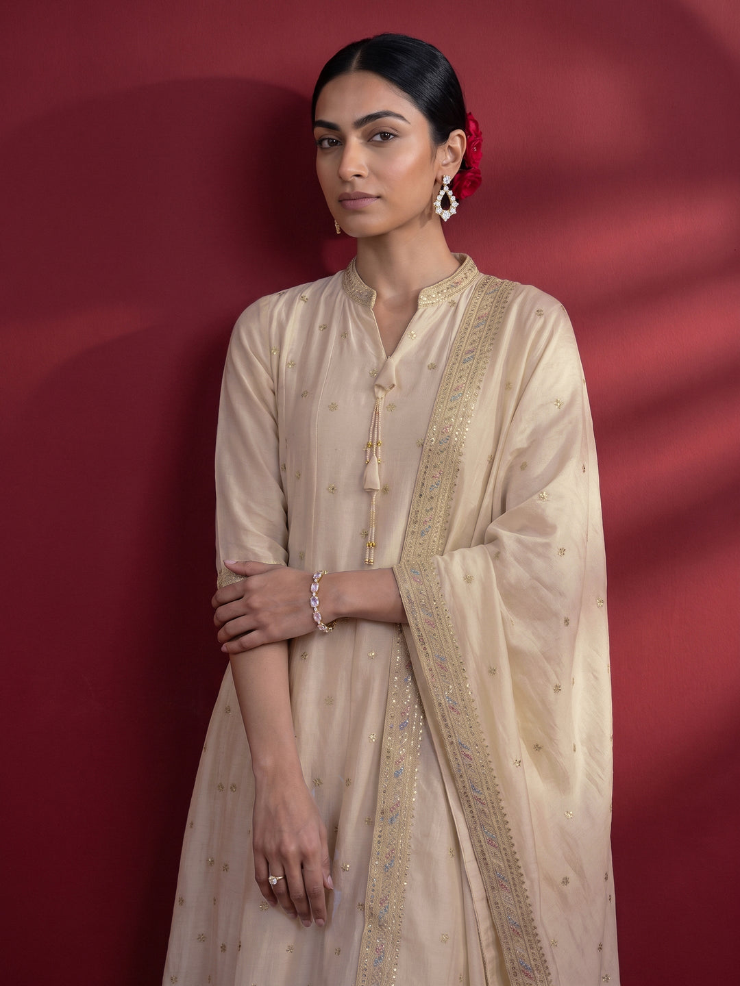 Libas Cream Ethnic Embroidered Silk Blend Anarkali Suit Set