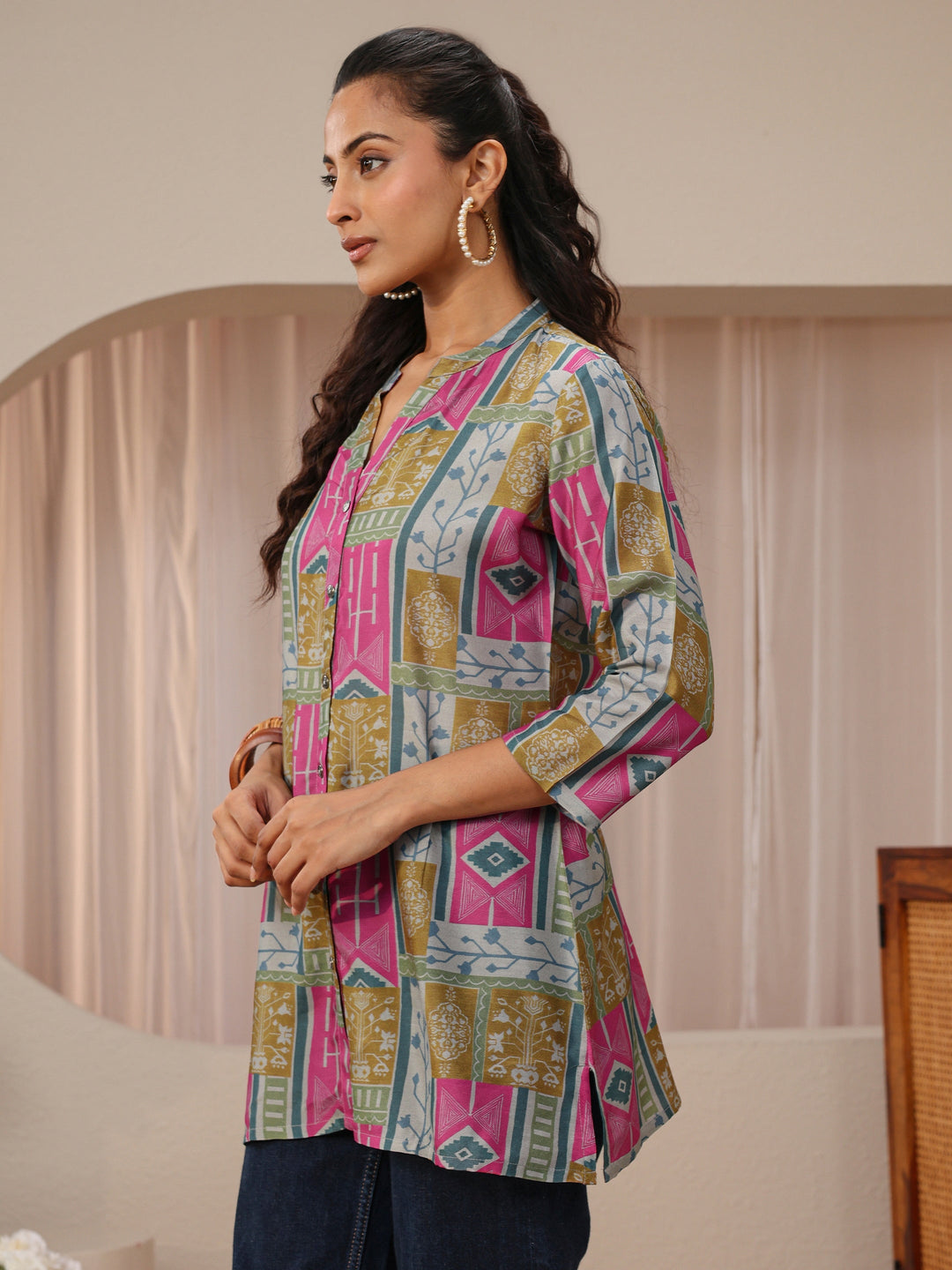 Multi Coloured Ethnic Printed Silk Blend Shirt