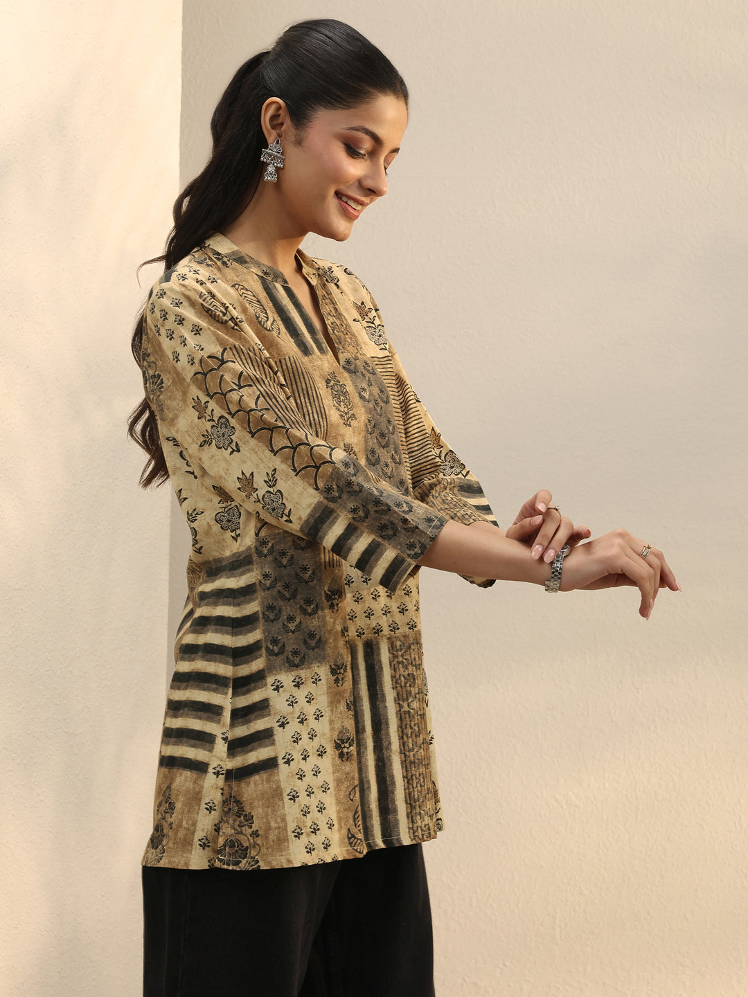 Beige Multi Printed Silk Blend Straight Short Kurti