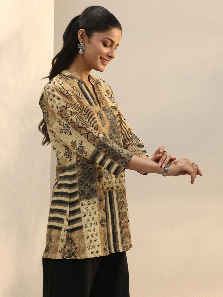 Beige Multi Printed Silk Blend Straight Short Kurti