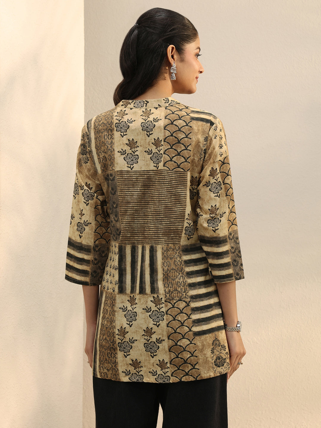 Beige Multi Printed Silk Blend Straight Short Kurti