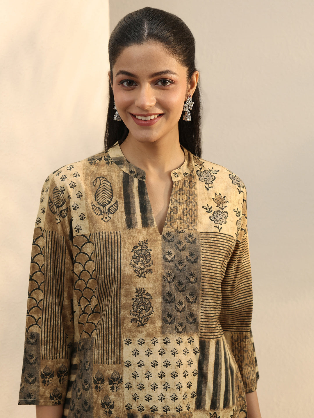 Beige Multi Printed Silk Blend Straight Short Kurti