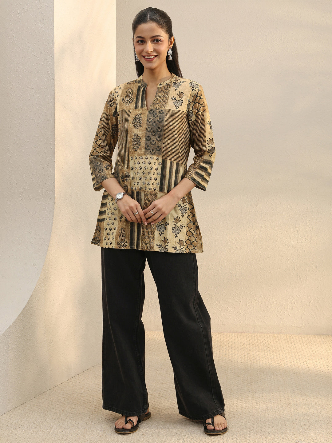 Beige Multi Printed Silk Blend Straight Short Kurti