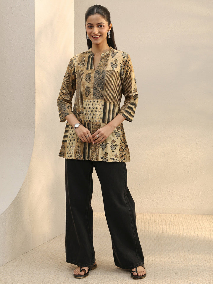 Beige Multi Printed Silk Blend Straight Short Kurti