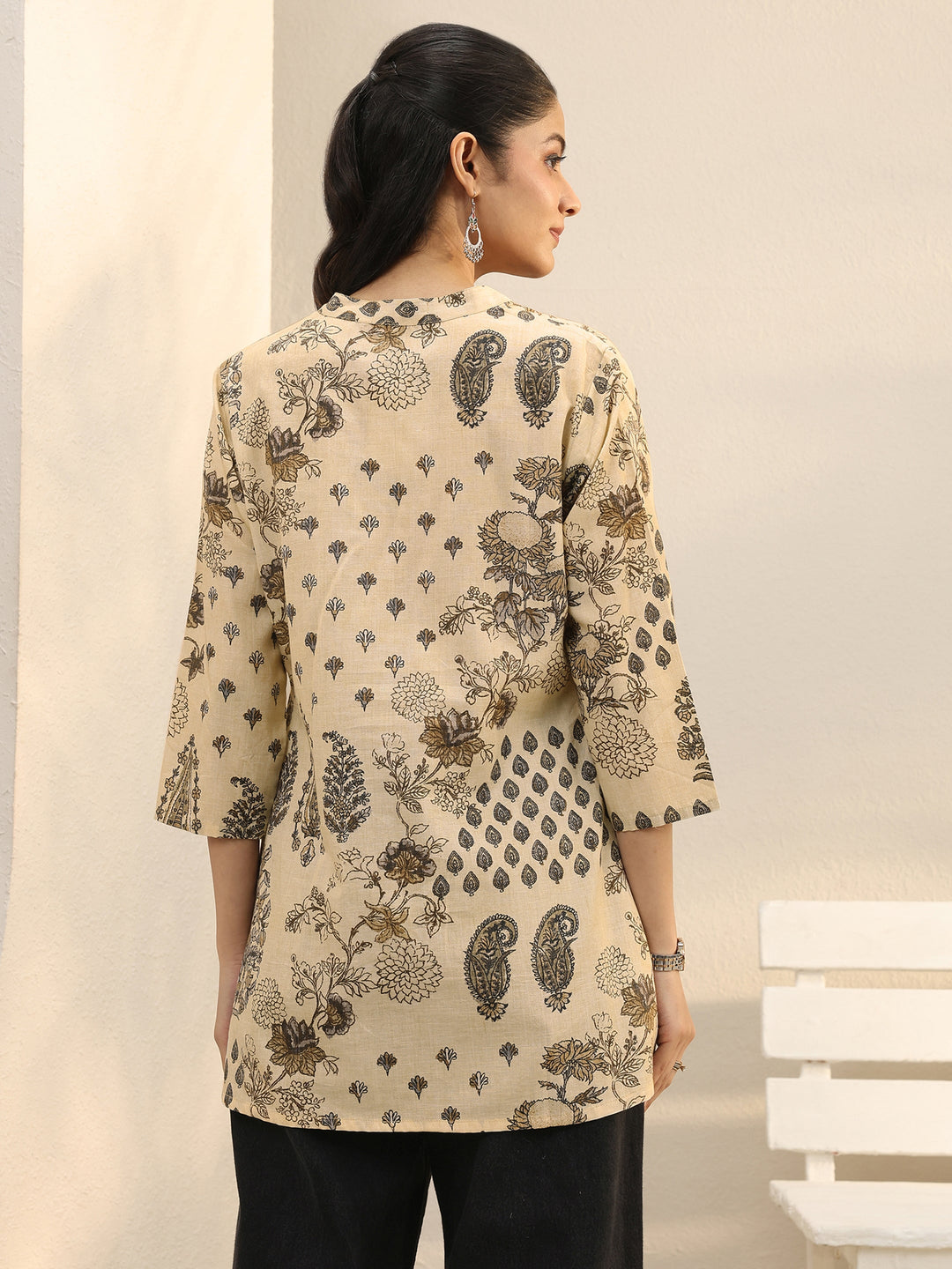 Beige Ethnic Printed Silk Blend Straight Short Kurti