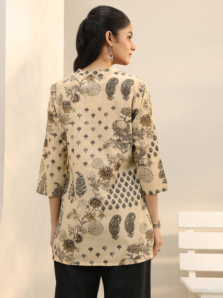 Beige Ethnic Printed Silk Blend Straight Short Kurti