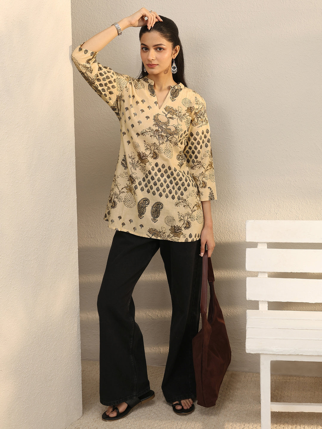 Beige Ethnic Printed Silk Blend Straight Short Kurti