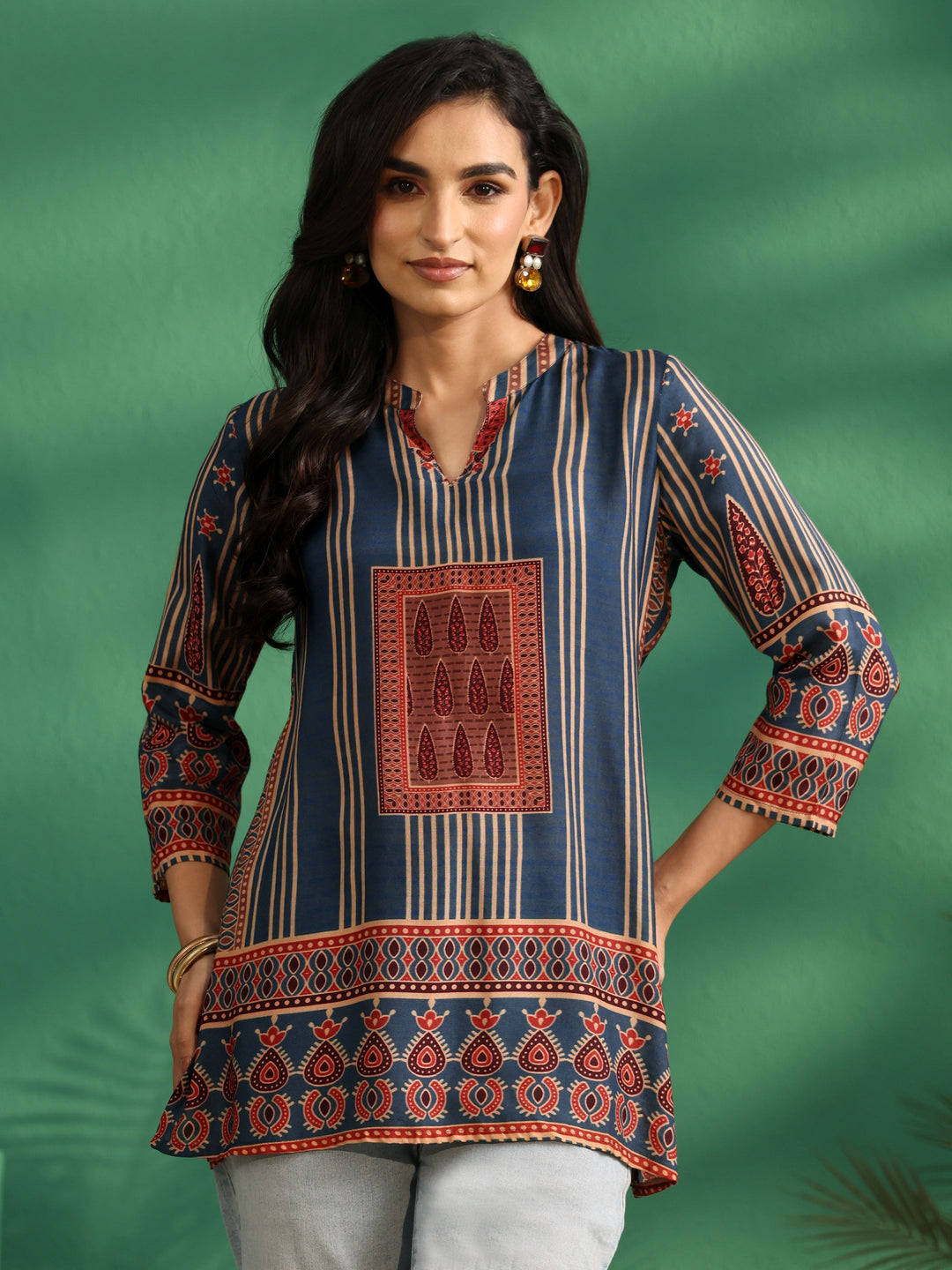 Libas Blue Striped Silk Blend Short Kurti