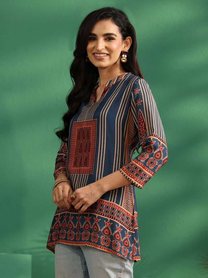 Libas Blue Striped Silk Blend Short Kurti