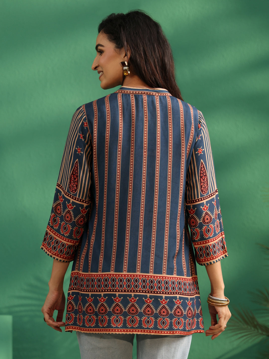 Libas Blue Striped Silk Blend Short Kurti