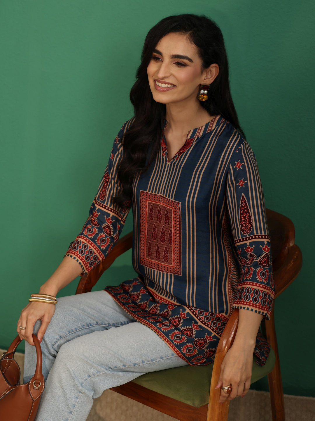Libas Blue Striped Silk Blend Short Kurti