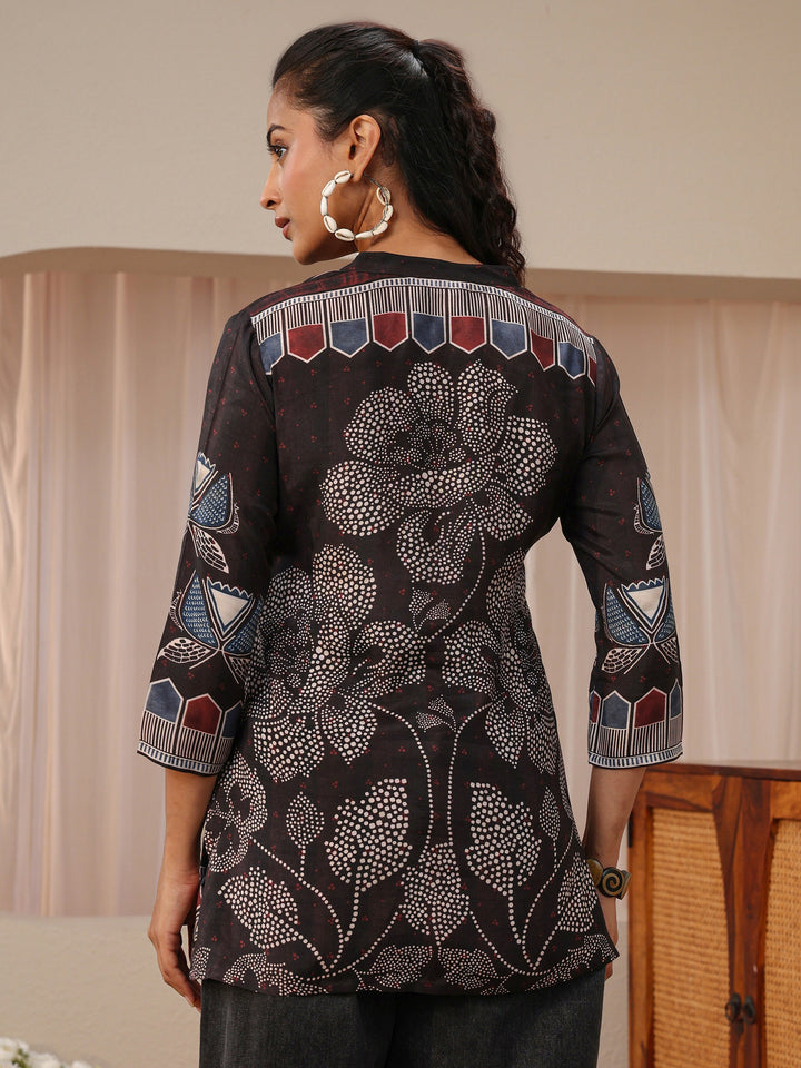 Black Floral Printed Silk Blend Straight Short Kurti