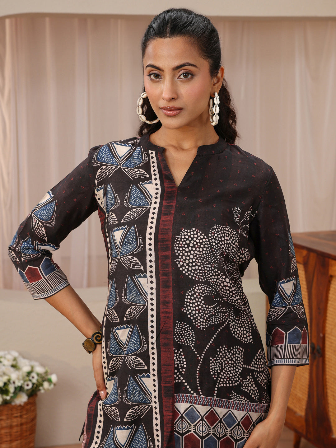 Black Floral Printed Silk Blend Straight Short Kurti