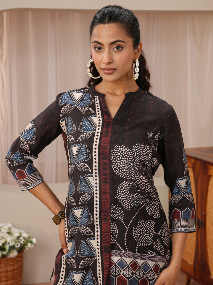 Black Floral Printed Silk Blend Straight Short Kurti
