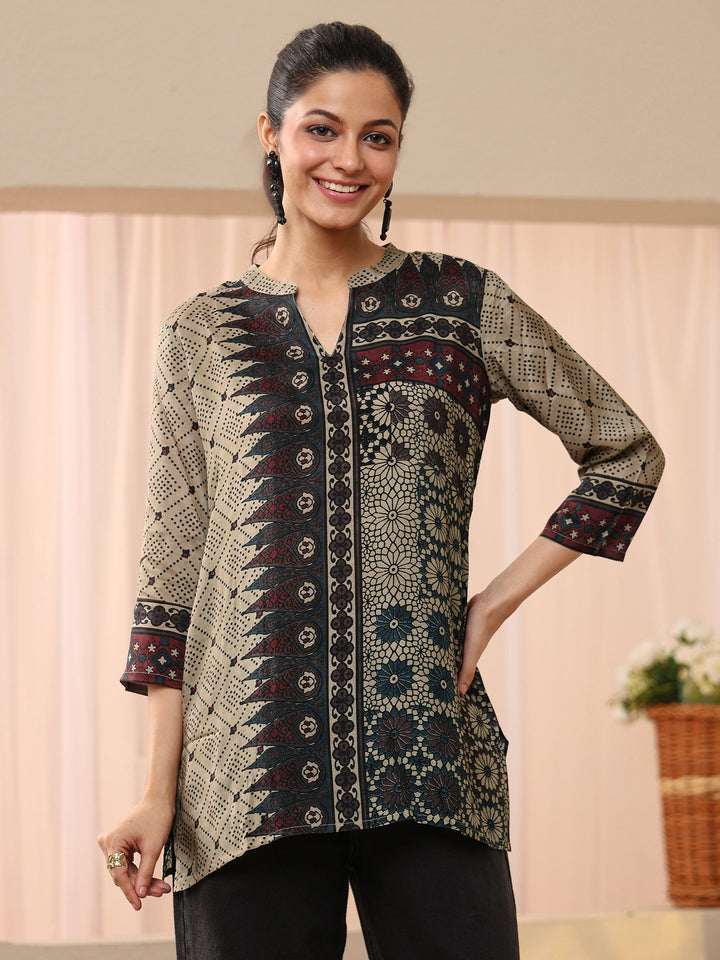 Off White Ethnic Printed Silk Blend Straight Short Kurti
