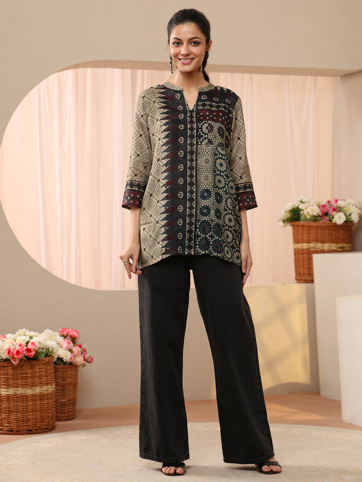 Off White Ethnic Printed Silk Blend Straight Short Kurti