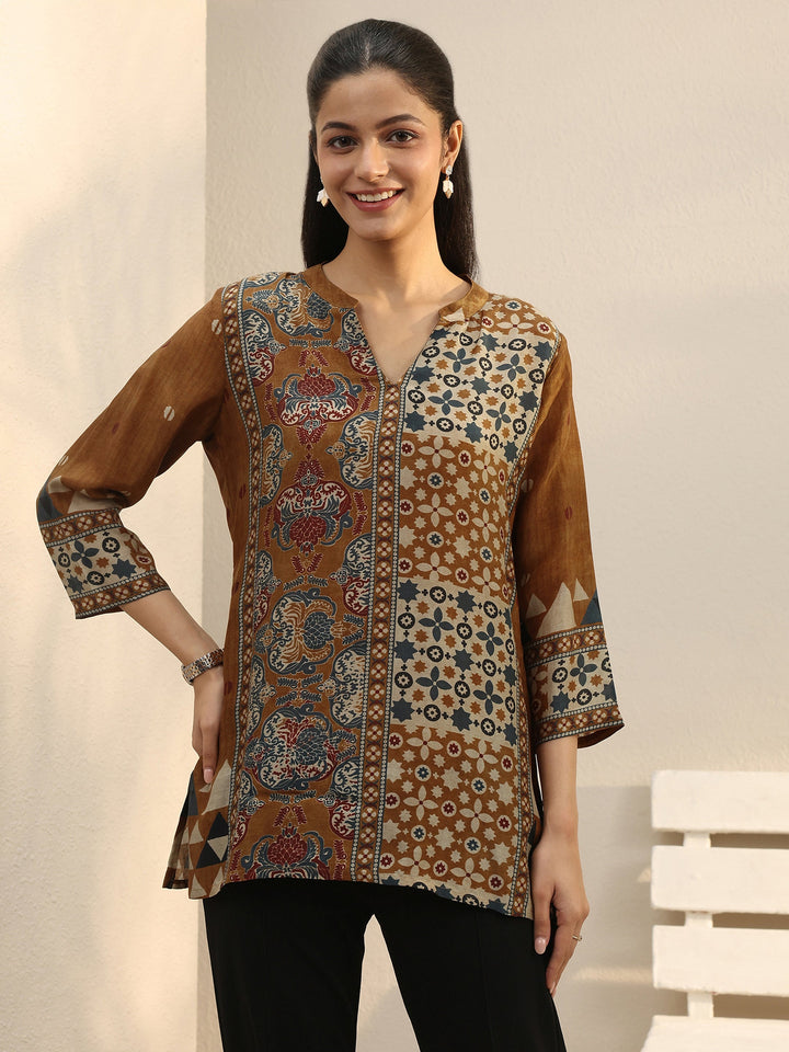 Rust Ethnic Printed Silk Blend Straight Short Kurti