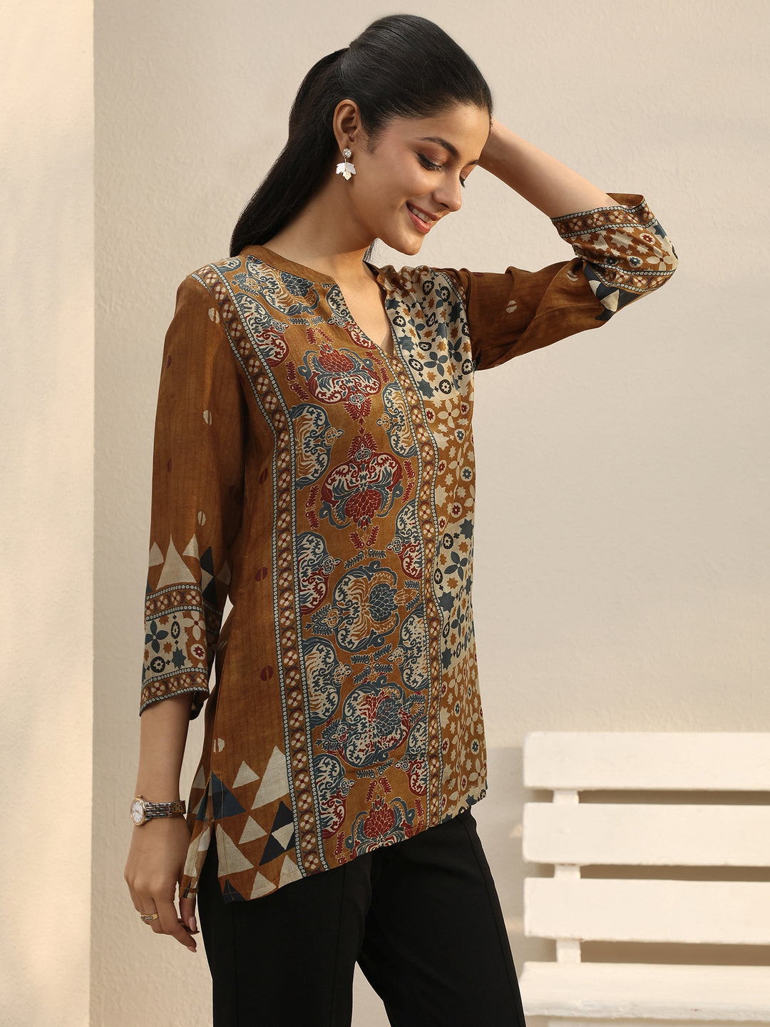 Rust Ethnic Printed Silk Blend Straight Short Kurti
