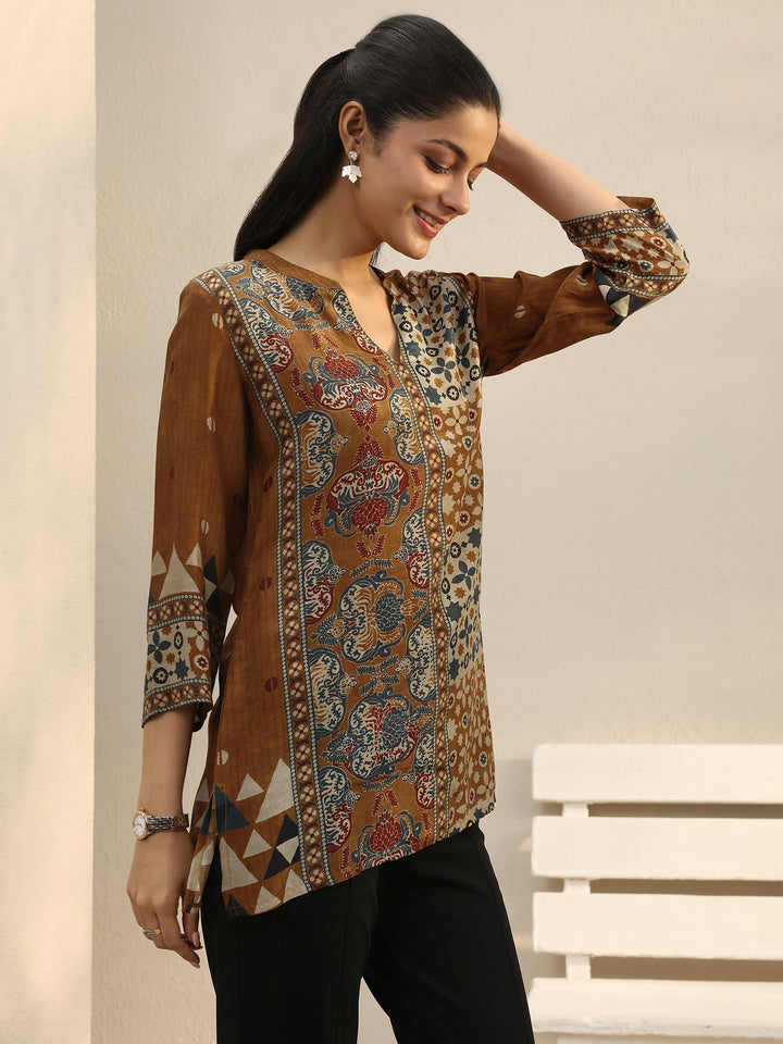 Rust Ethnic Printed Silk Blend Straight Short Kurti