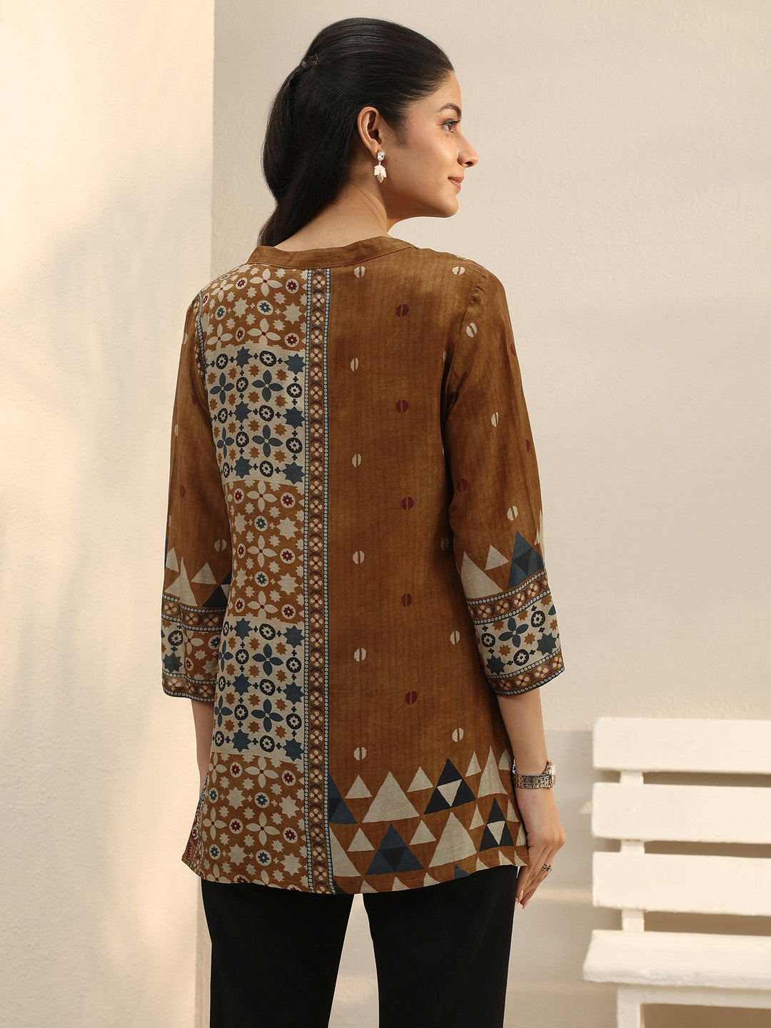 Rust Ethnic Printed Silk Blend Straight Short Kurti