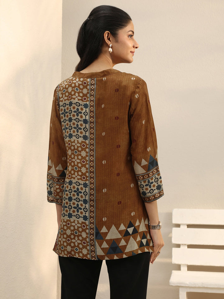 Rust Ethnic Printed Silk Blend Straight Short Kurti
