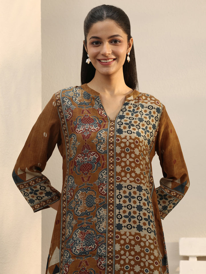 Rust Ethnic Printed Silk Blend Straight Short Kurti