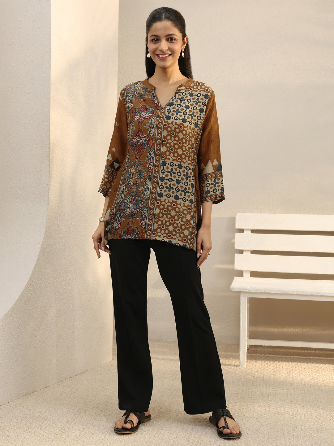 Rust Ethnic Printed Silk Blend Straight Short Kurti