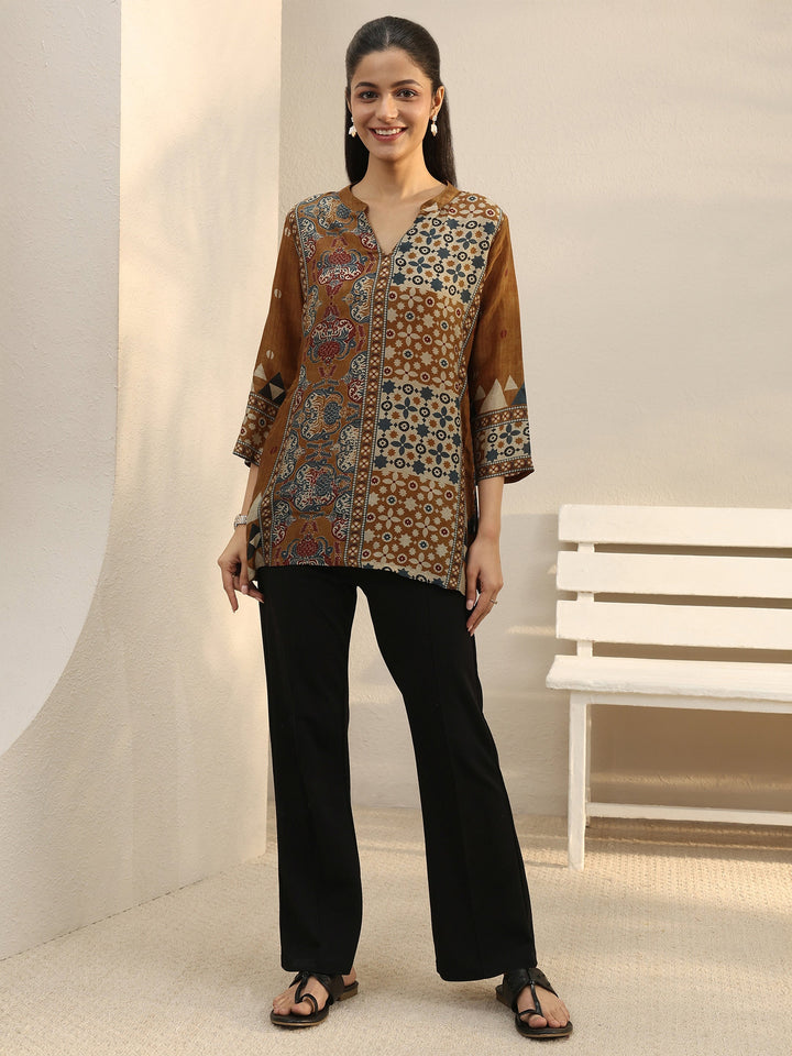 Rust Ethnic Printed Silk Blend Straight Short Kurti