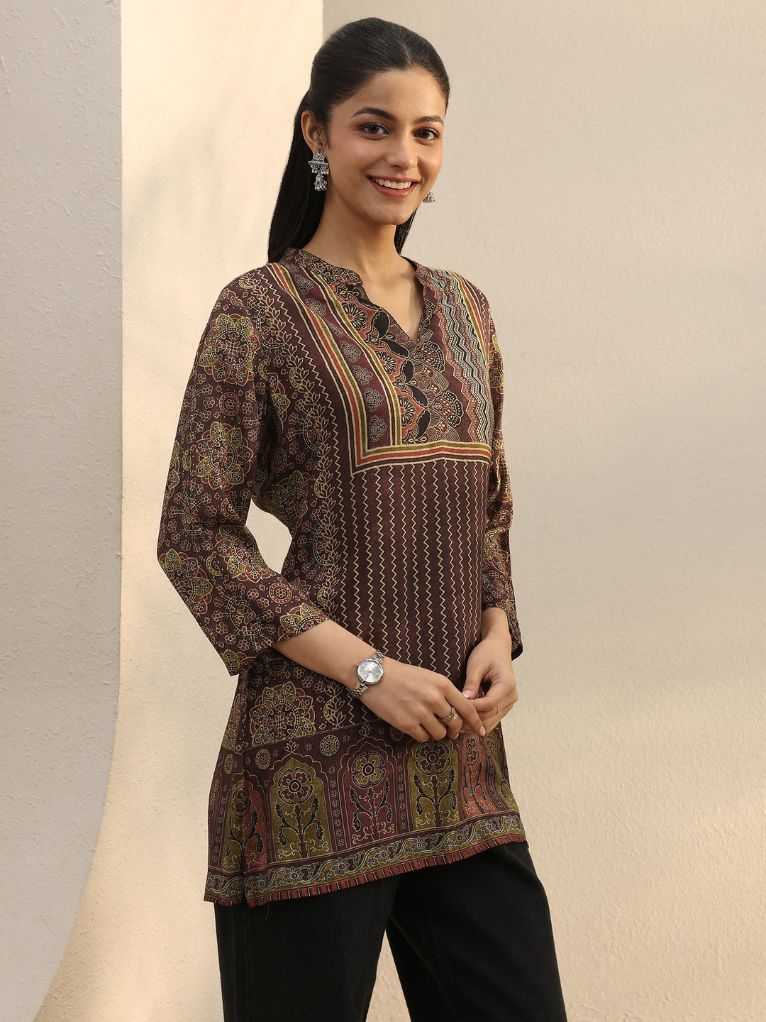 Burgundy Ethnic Printed Silk Blend Straight Short Kurti