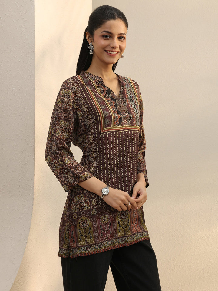Burgundy Ethnic Printed Silk Blend Straight Short Kurti