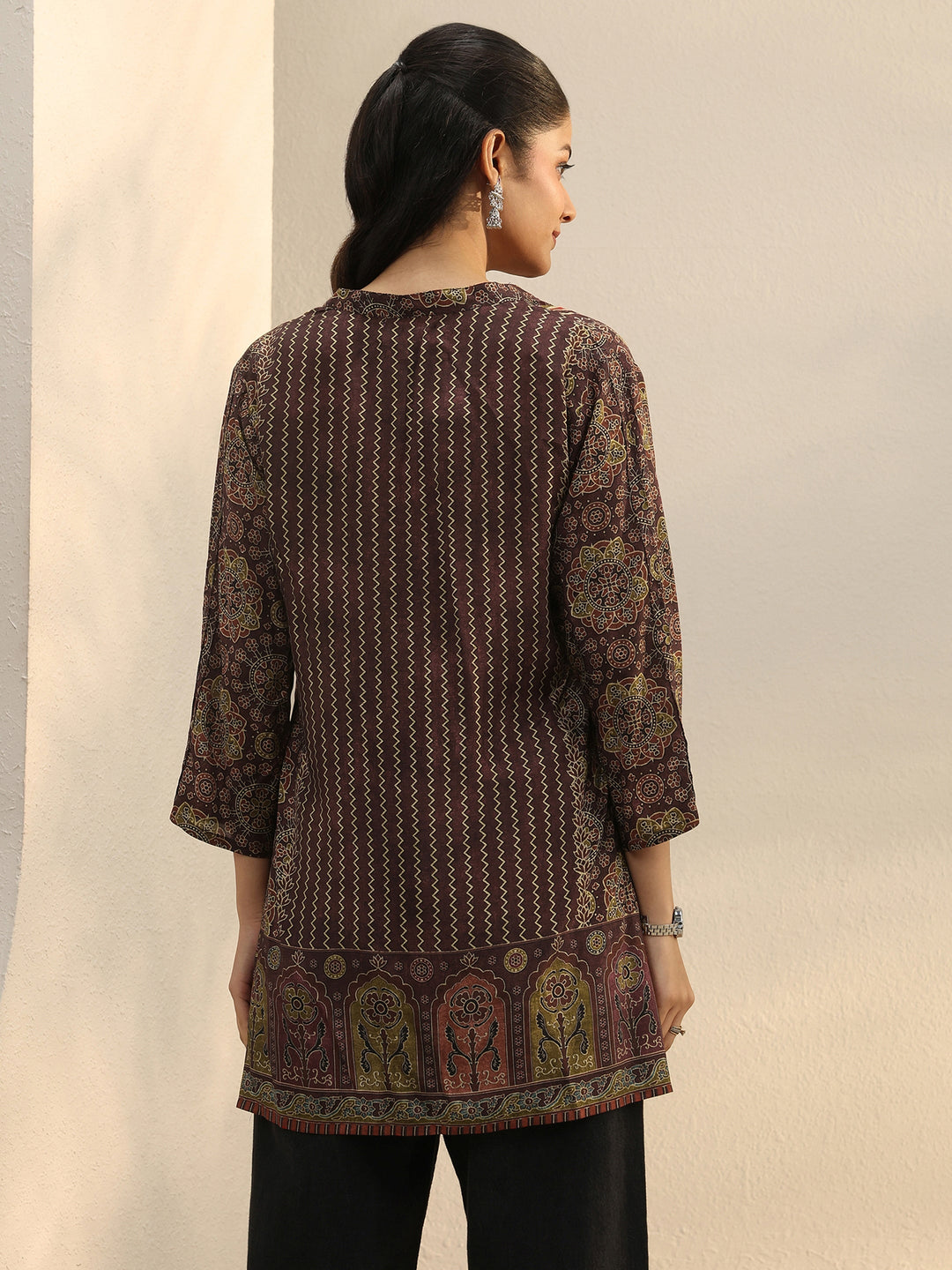 Burgundy Ethnic Printed Silk Blend Straight Short Kurti