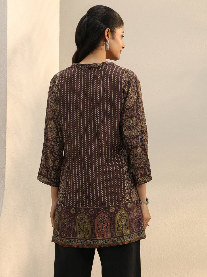 Burgundy Ethnic Printed Silk Blend Straight Short Kurti