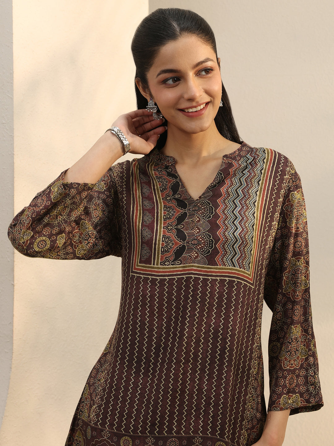 Burgundy Ethnic Printed Silk Blend Straight Short Kurti