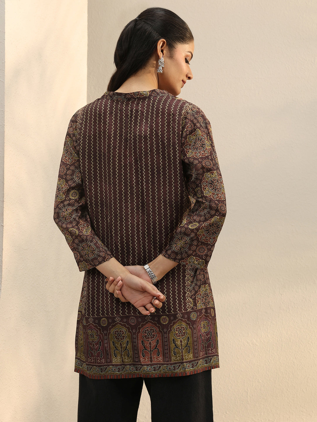 Burgundy Ethnic Printed Silk Blend Straight Short Kurti