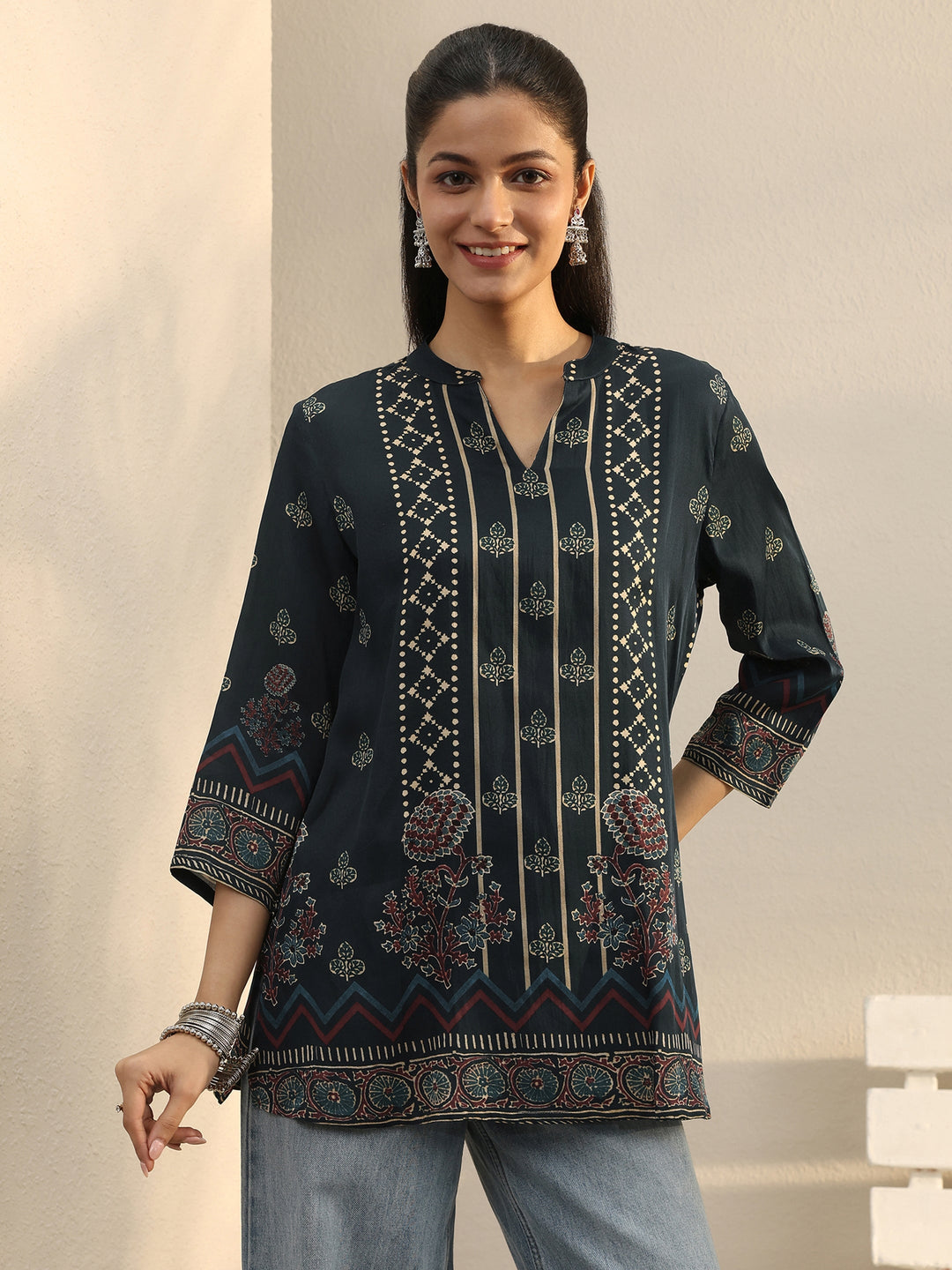 Blue Floral Printed Silk Blend Straight Short Kurti
