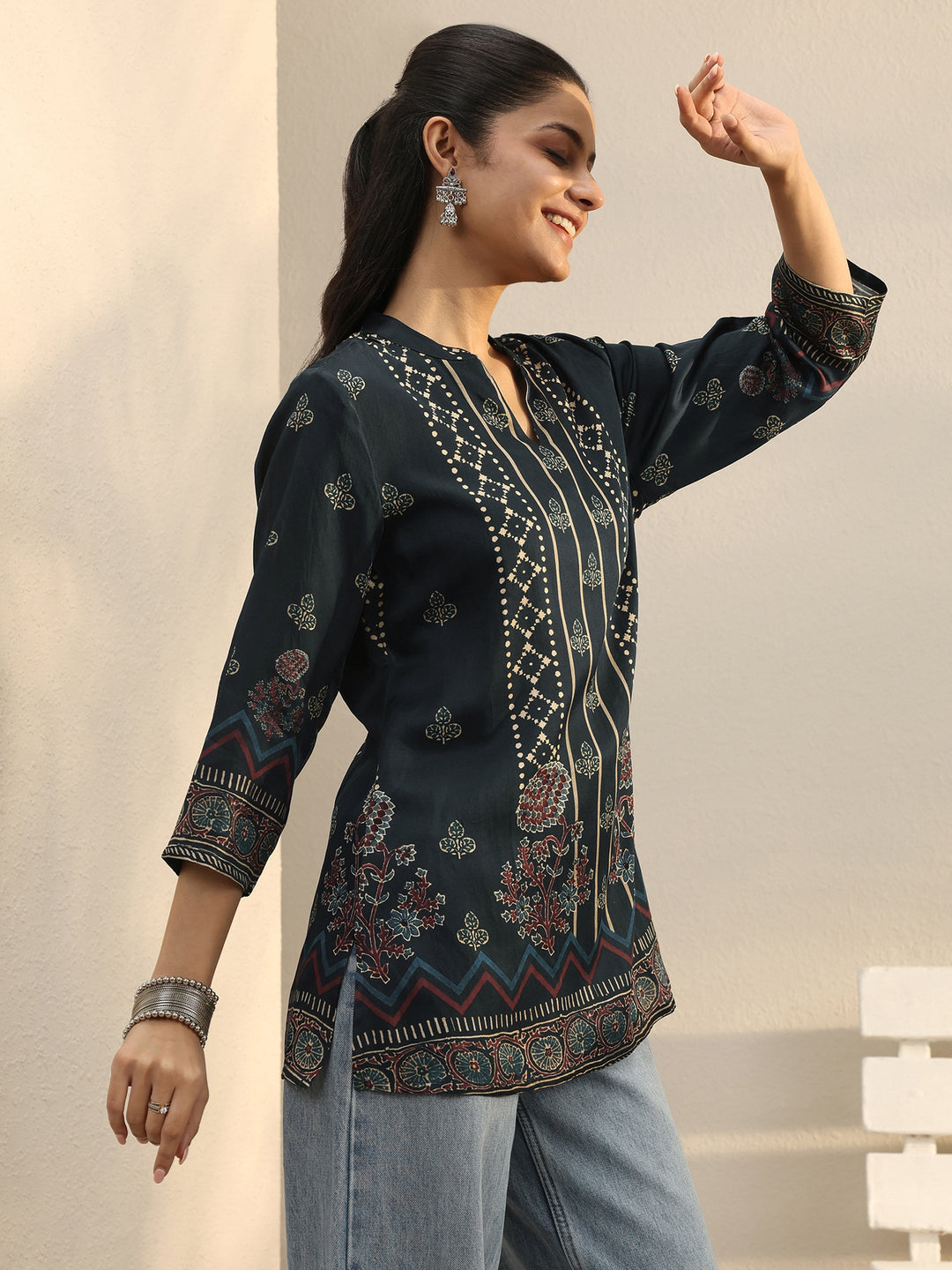 Blue Floral Printed Silk Blend Straight Short Kurti