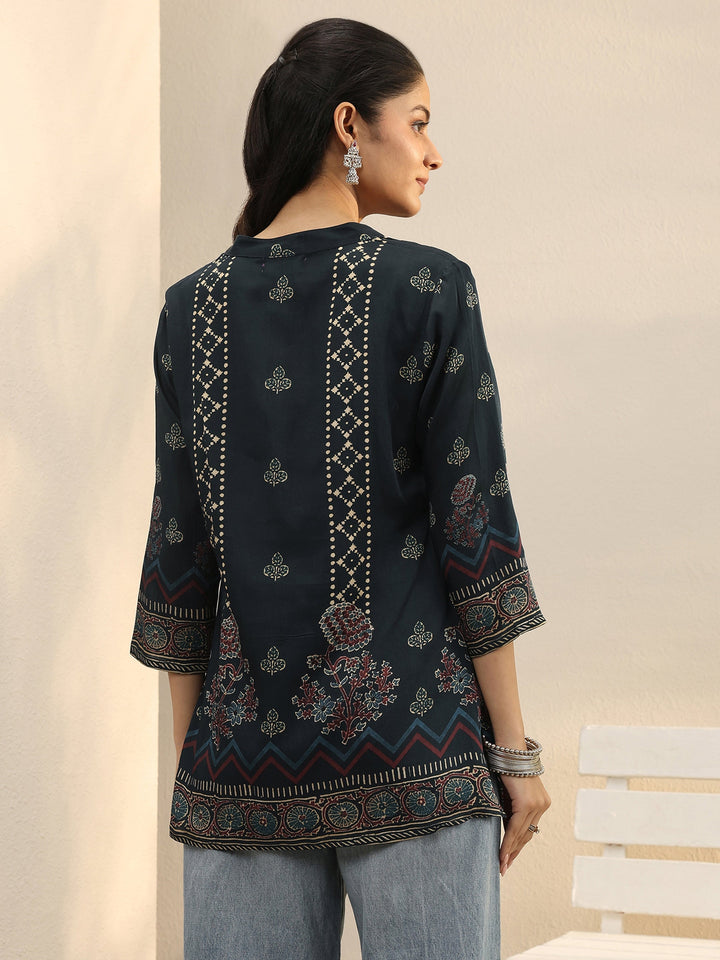 Blue Floral Printed Silk Blend Straight Short Kurti