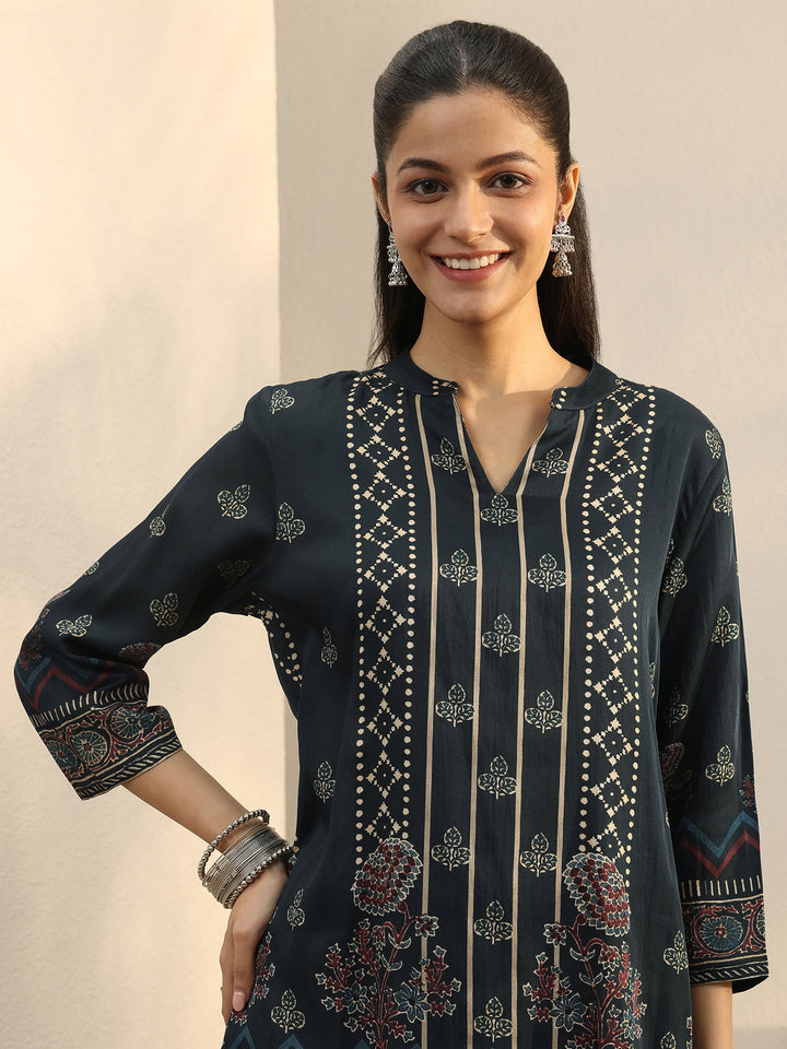 Blue Floral Printed Silk Blend Straight Short Kurti
