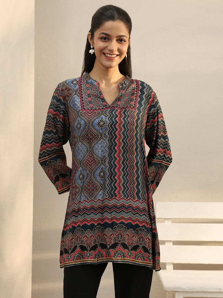 Multi Colour Ethnic Printed Silk Blend Straight Short Kurti