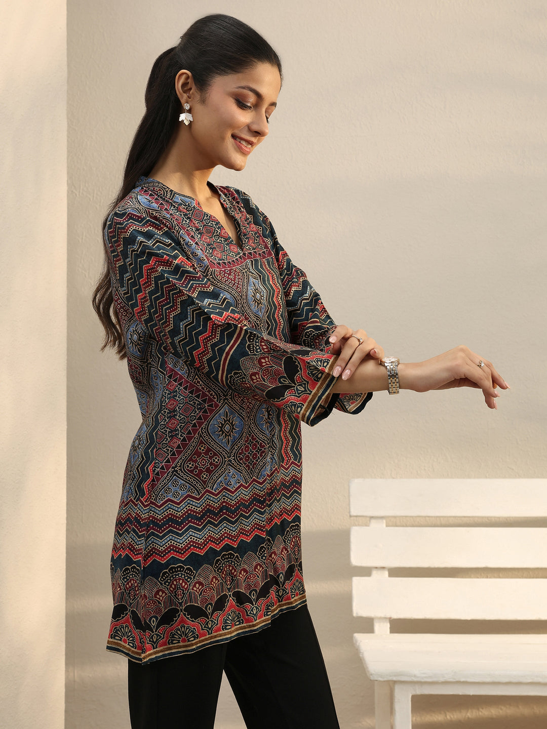 Multi Colour Ethnic Printed Silk Blend Straight Short Kurti