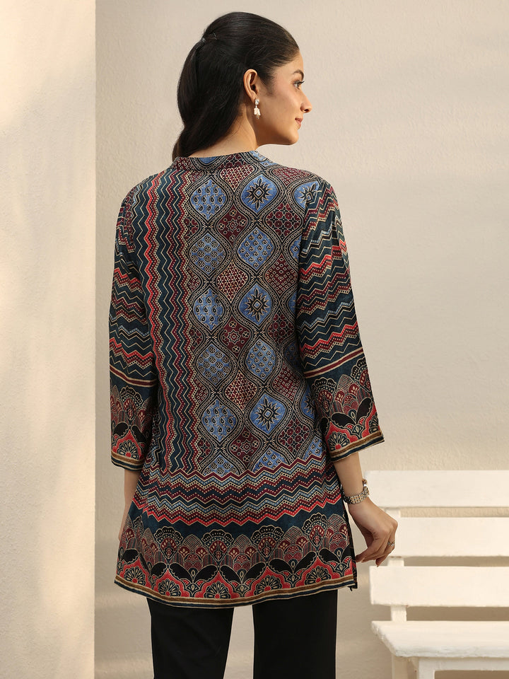 Multi Colour Ethnic Printed Silk Blend Straight Short Kurti