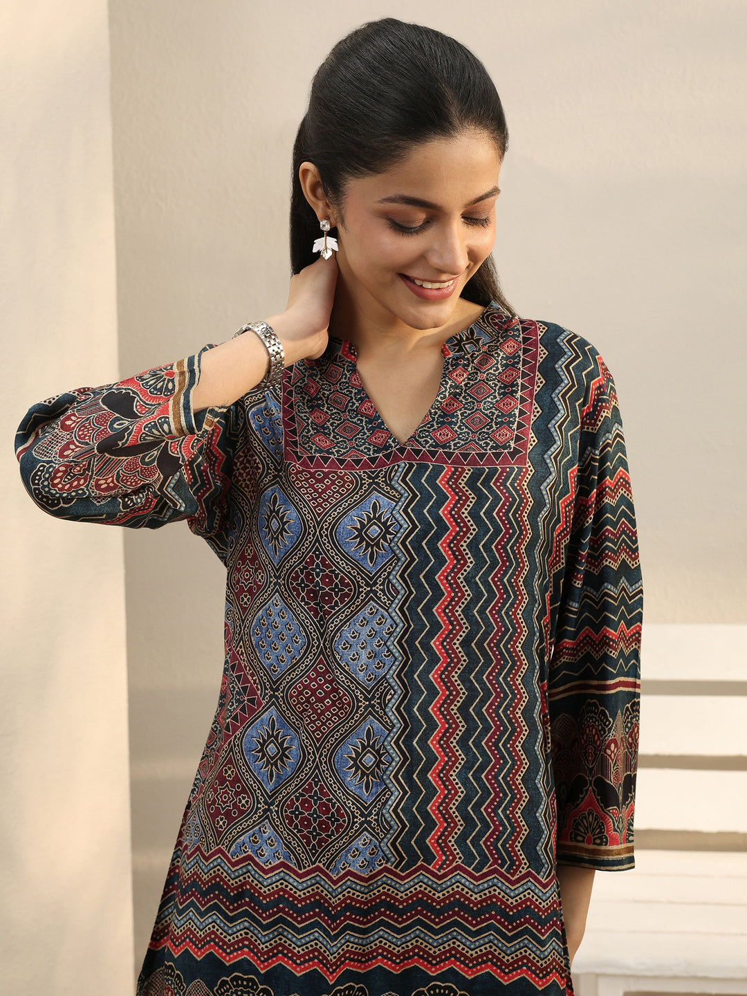 Multi Colour Ethnic Printed Silk Blend Straight Short Kurti
