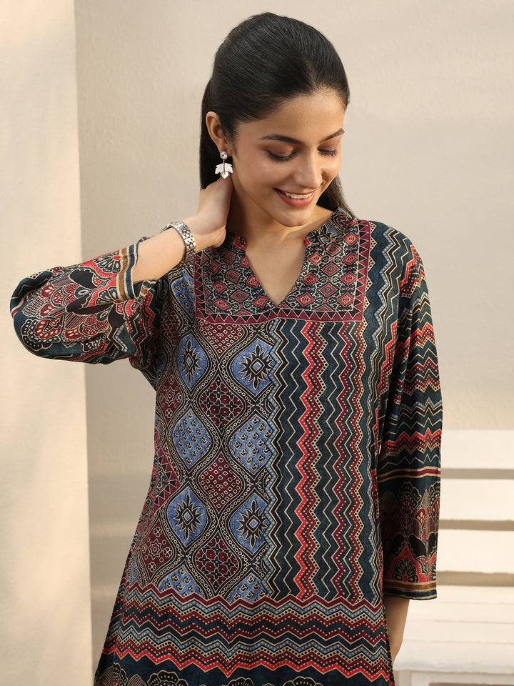 Multi Colour Ethnic Printed Silk Blend Straight Short Kurti