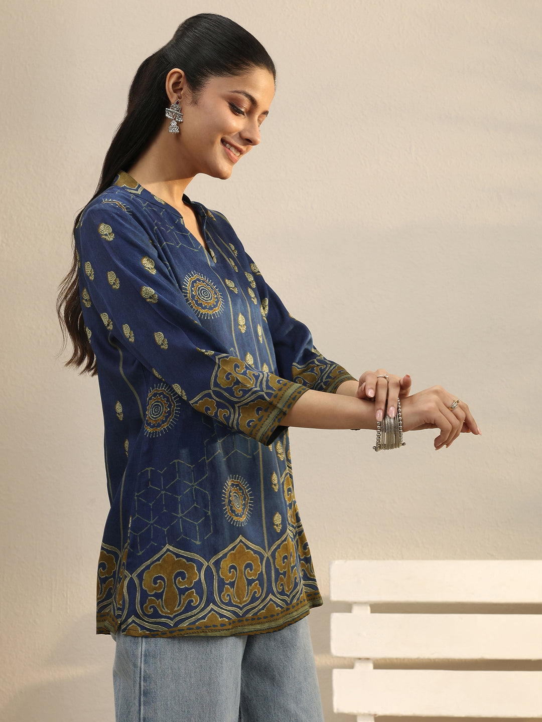 Blue Ethnic Printed Silk Blend Straight Short Kurti